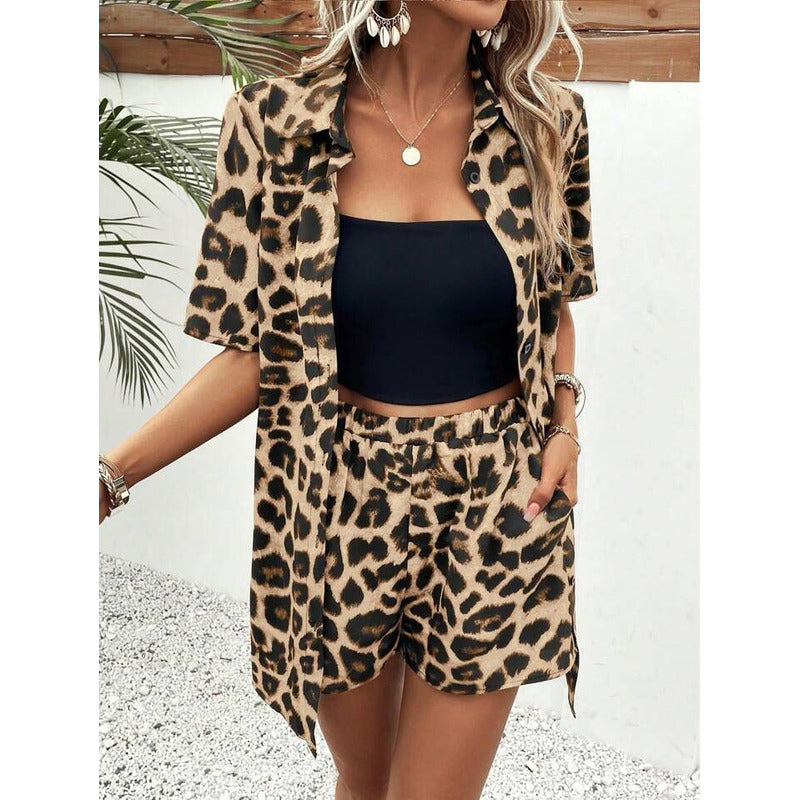 Conjunto Camisa Manga Corta Short Con Elástico Animal Print