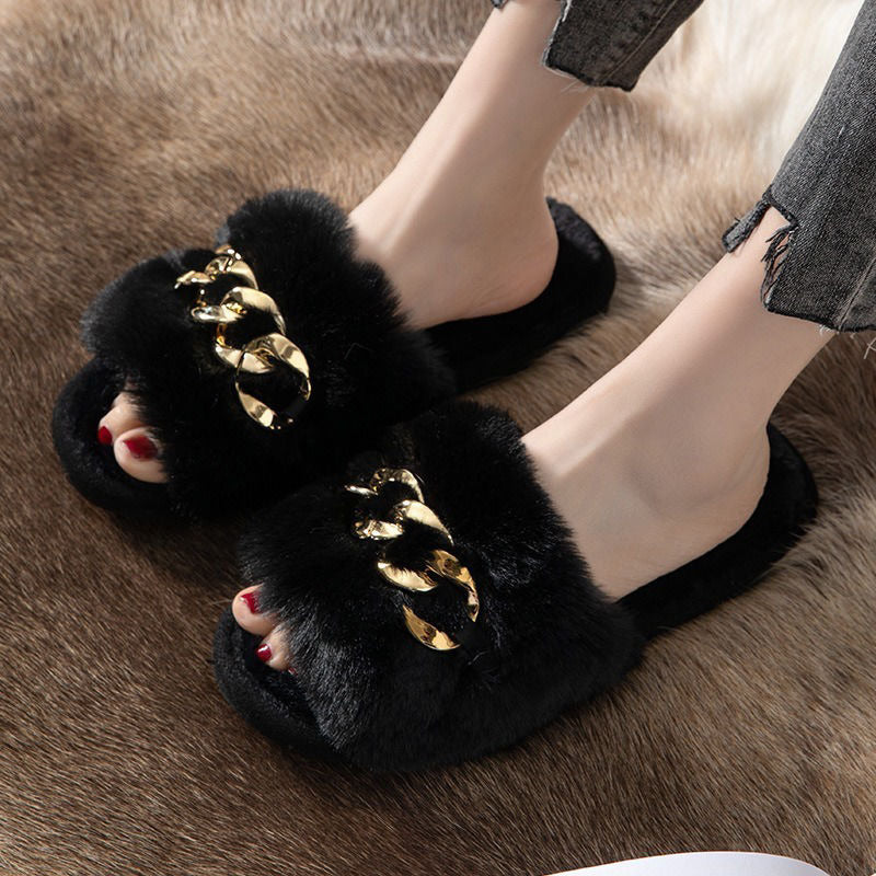 Pantuflas  Lazy Peludas Con Cadena Dorada Y Suela De Goma