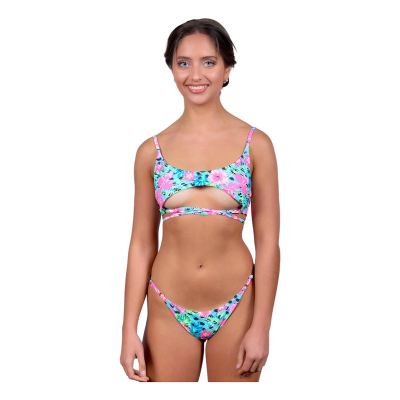 Malla Bikini Regulable Estampado Fucsia Y Turquesa Floreado