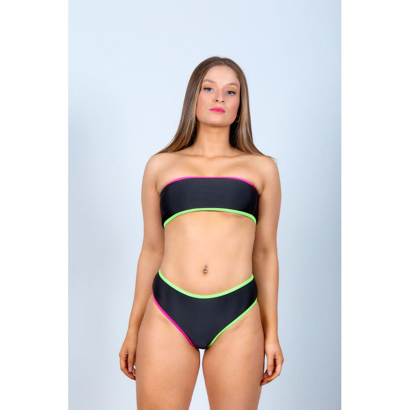 Bikini Tiro Medio Negro Sin Bretel Con Fucsia Y Verde