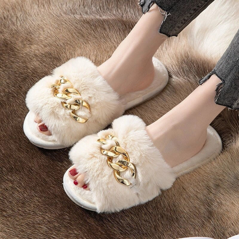 Pantuflas  Lazy Peludas Con Cadena Dorada Y Suela De Goma