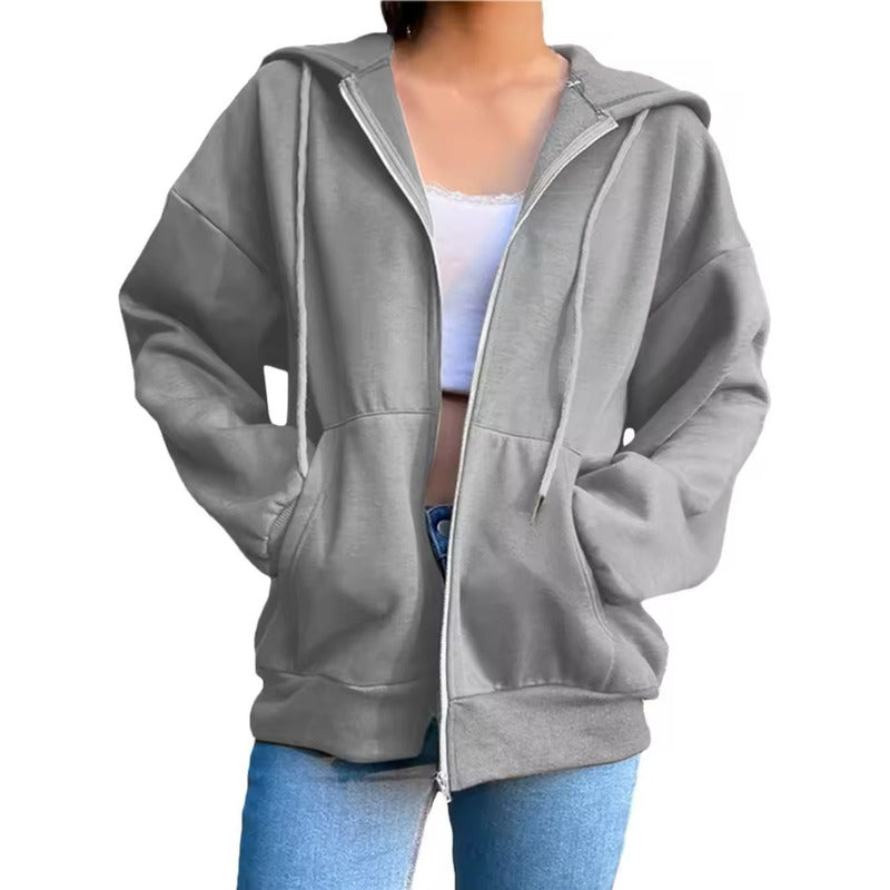 Campera Canguro Con Cierre Bolsillos Capucha Dama Lisa