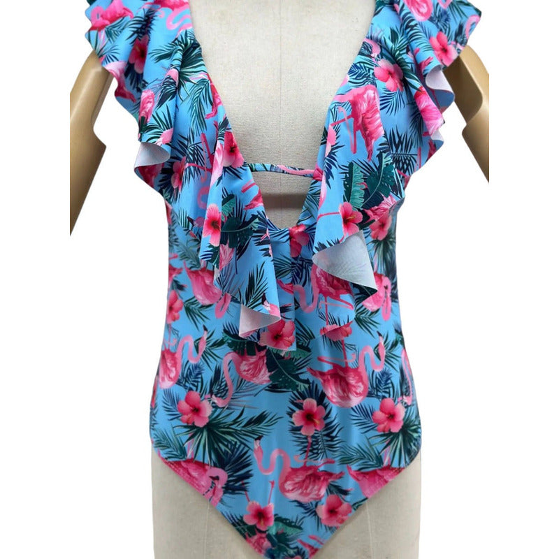 Enteriza Bikini Malla Con Volados Estampa Flamencos Celeste