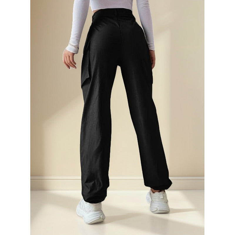 Pantalón Cargo Dama Con Bolsillos Y Puños Negro Y Beige