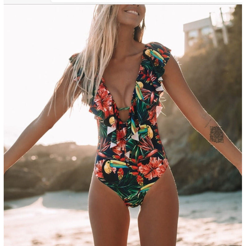 Enteriza Bikini Malla Entera Con Volados Y Estampa Tucan
