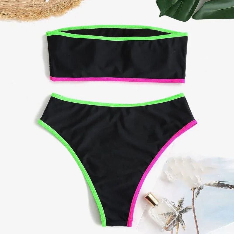 Bikini Tiro Medio Negro Sin Bretel Con Fucsia Y Verde