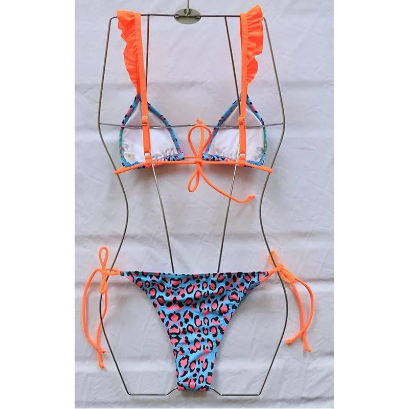 Bikini Celeste Con Animal Print En Fucsia Y Naranja Con Tira