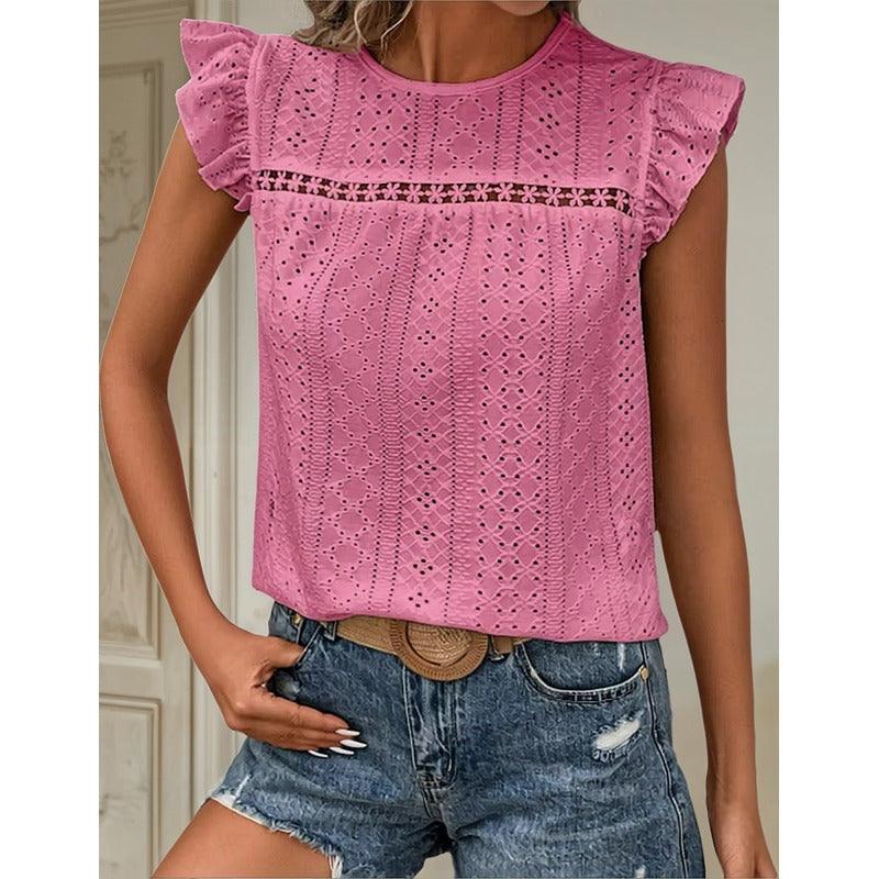 Blusa Remera Broderie Manga Corta Volados Varios Colores