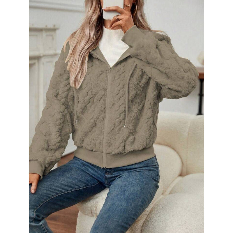 Campera Corta Trenzada Puños Capucha Polar Peluda Uniteduy