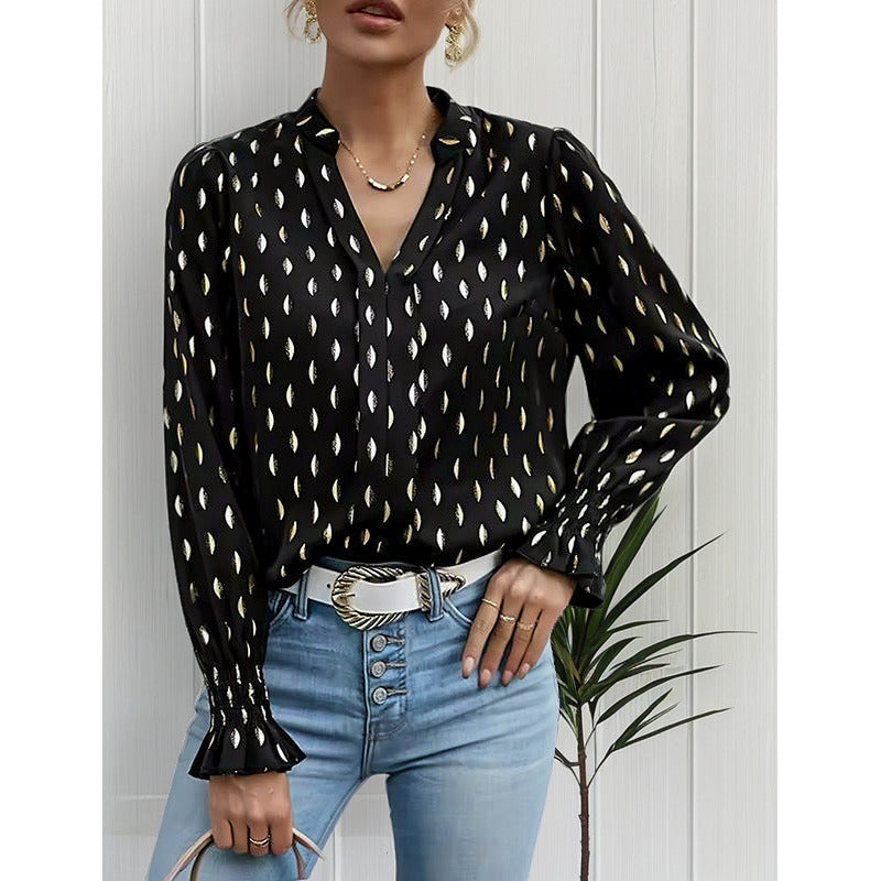Camisa Blusa Manga Larga Cuello V Manga Volados Con Dorado