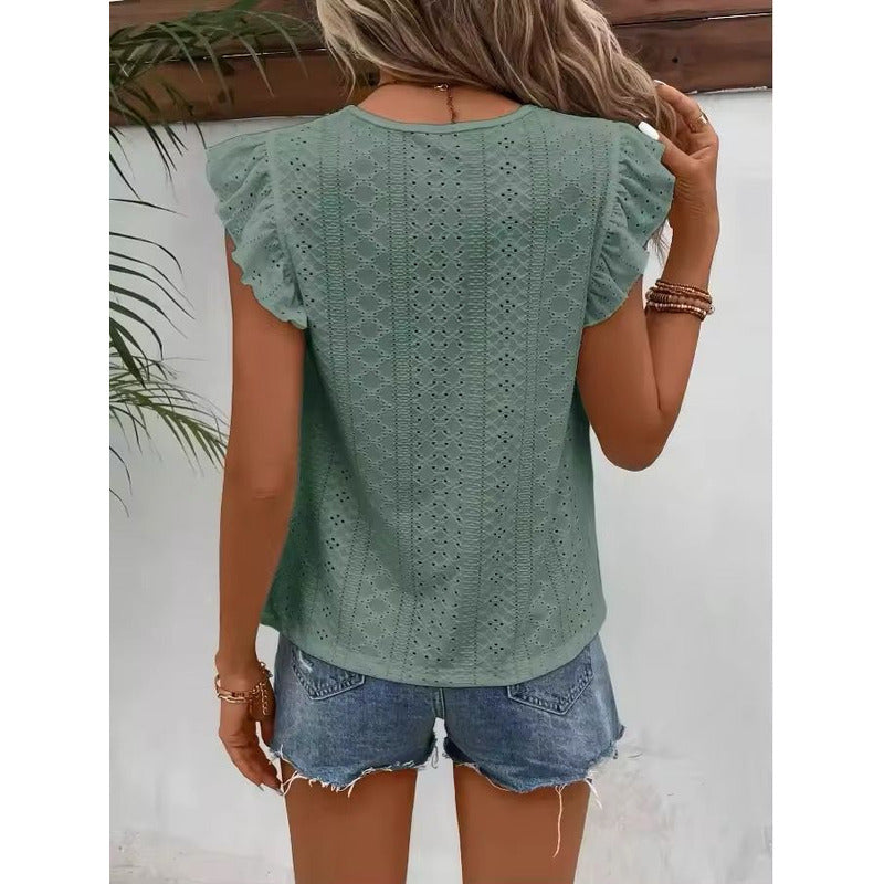 Blusa Remera Broderie Manga Corta Volados Varios Colores