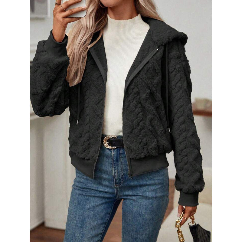 Campera Corta Trenzada Puños Capucha Polar Peluda Uniteduy