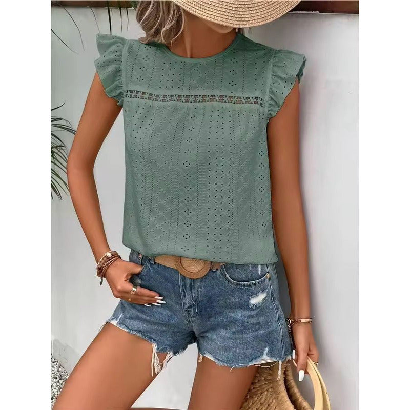 Blusa Remera Broderie Manga Corta Volados Varios Colores