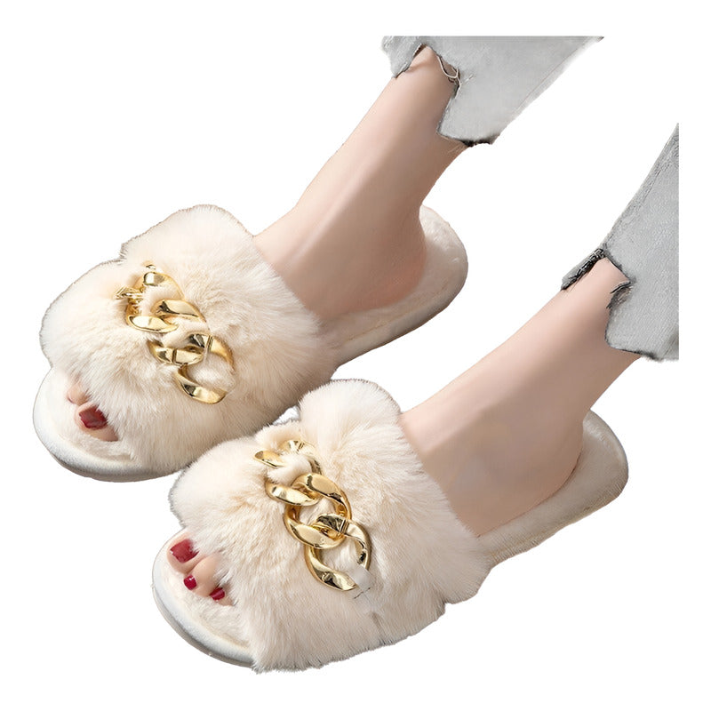 Pantuflas  Lazy Peludas Con Cadena Dorada Y Suela De Goma