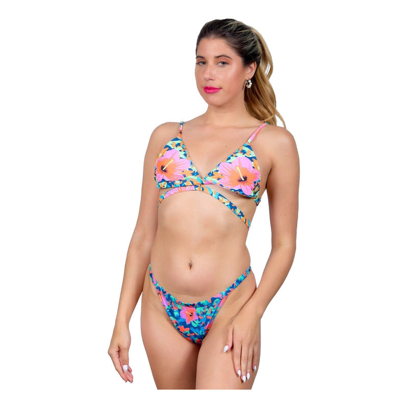 Bikini Malla Espalda Cruzada Camuflado Con Flores Triangulo