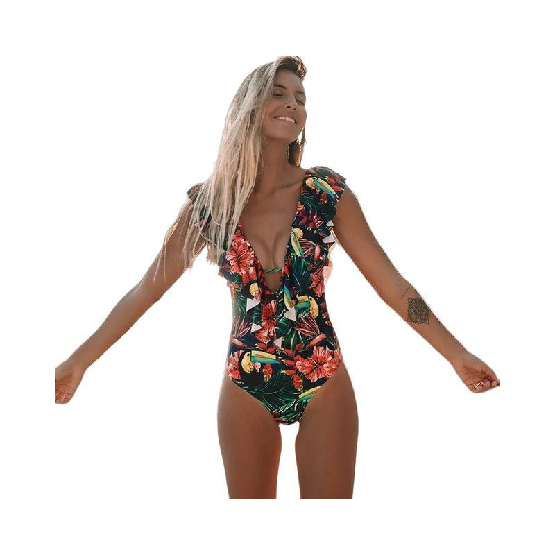 Enteriza Bikini Malla Entera Con Volados Y Estampa Tucan