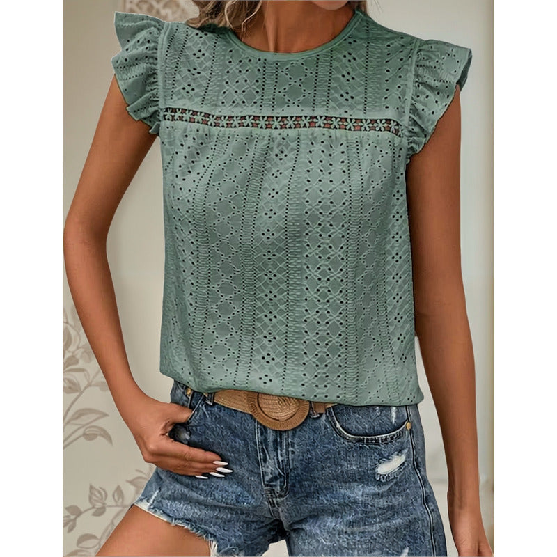 Blusa Remera Broderie Manga Corta Volados Varios Colores