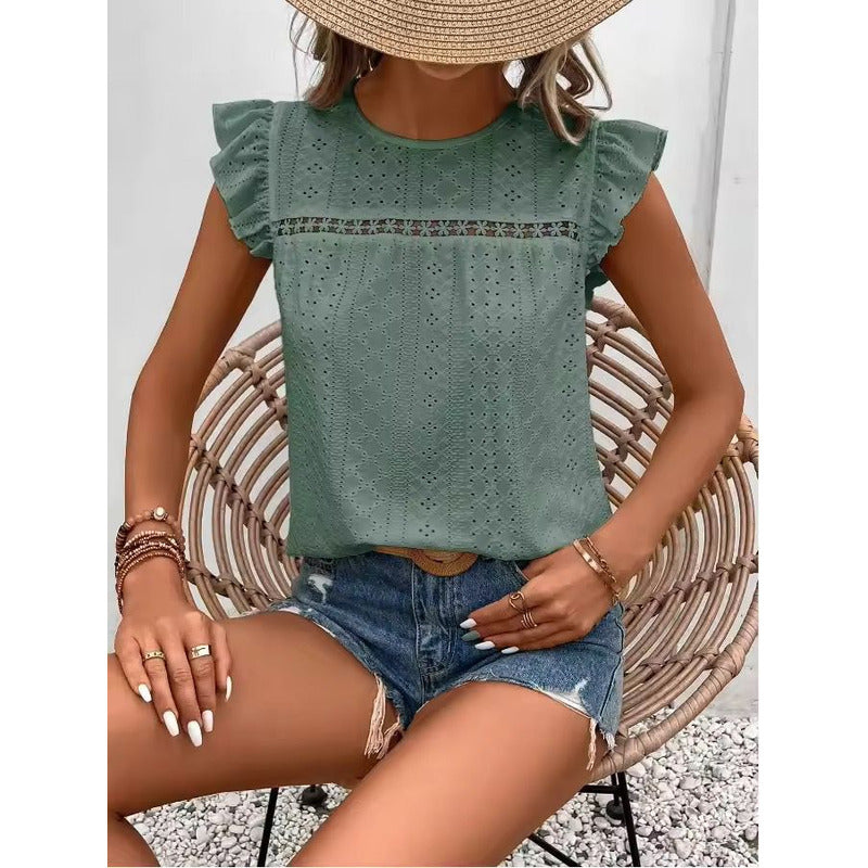 Blusa Remera Broderie Manga Corta Volados Varios Colores