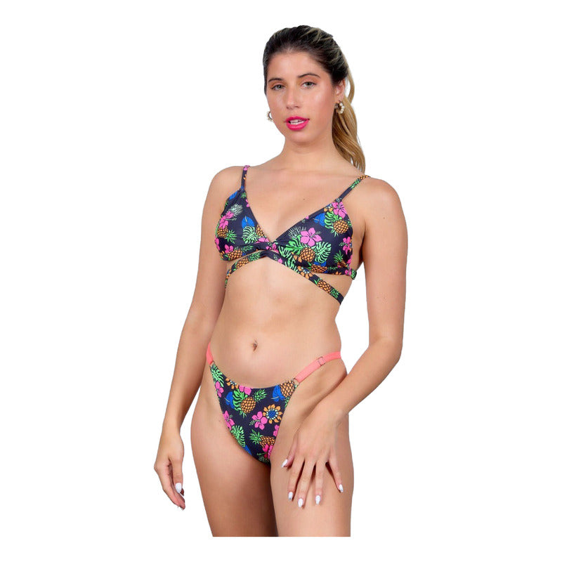 Bikini Regulable Con Estampa De Hibiscos Y Espalda Cruzada