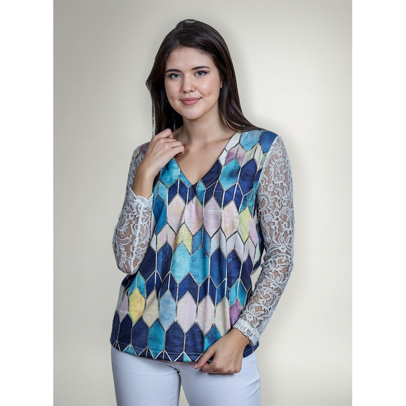 Blusa Dama Con Encaje Y Diseño En Rombos