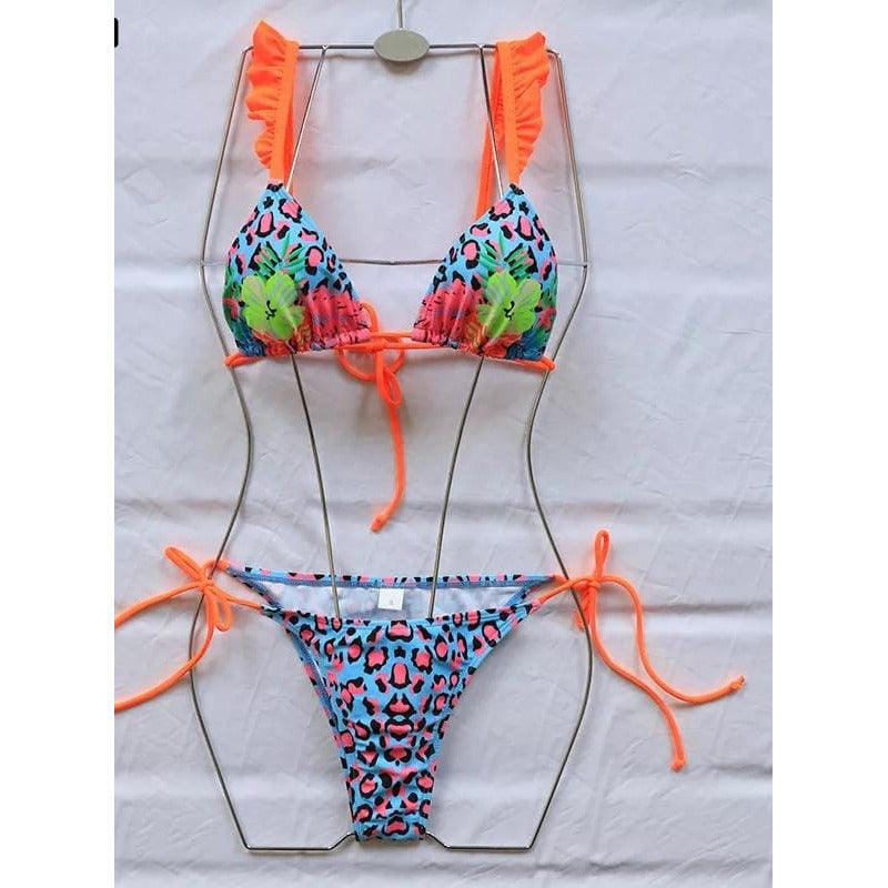 Bikini Celeste Con Animal Print En Fucsia Y Naranja Con Tira