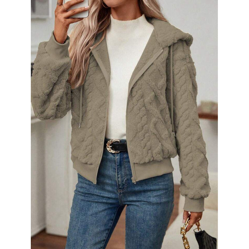 Campera Corta Trenzada Puños Capucha Polar Peluda Uniteduy