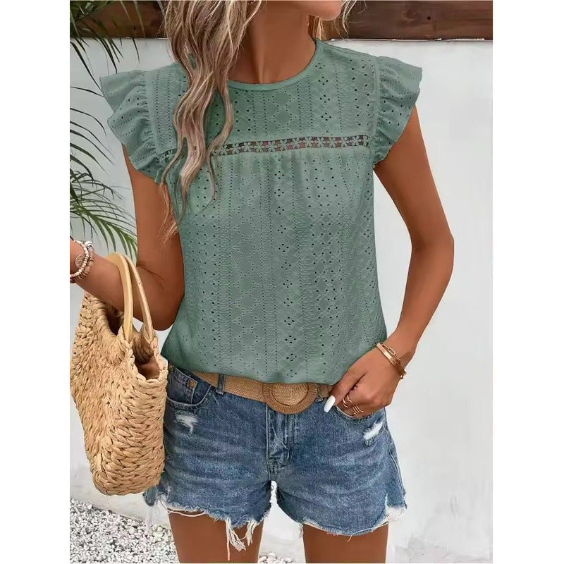 Blusa Remera Broderie Manga Corta Volados Varios Colores