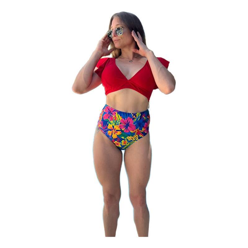 Bikini Tiro Alto Ani Rojo Flores Mujer - Uniteduy