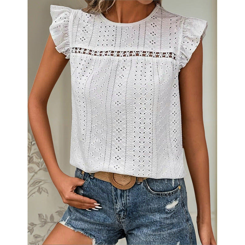 Blusa Remera Broderie Manga Corta Volados Varios Colores