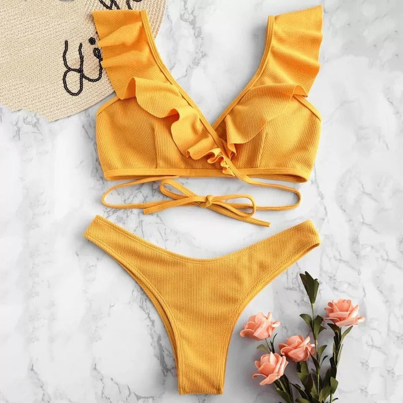 Bikini Amarillo Cruzado Volados Tiras Cola Less Uniteduy