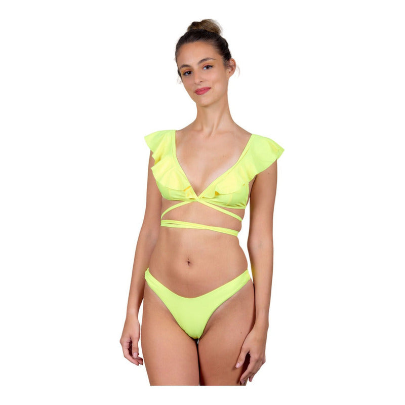 Bikini Cruzado Amarillo Cola Less Con Volados Uniteduy