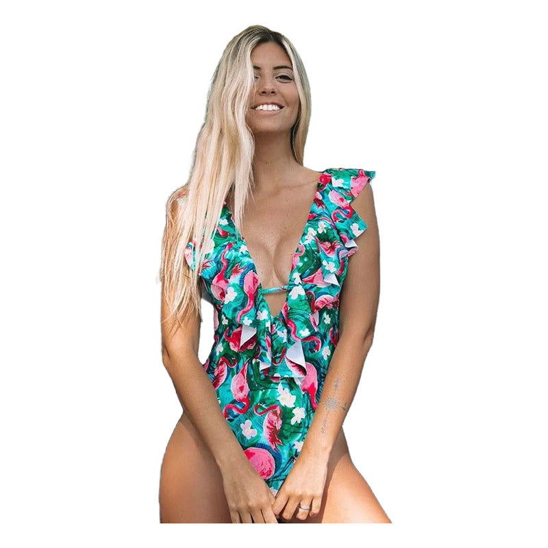 Enteriza Bikini Malla Con Volados Estampa Flamencos Celeste