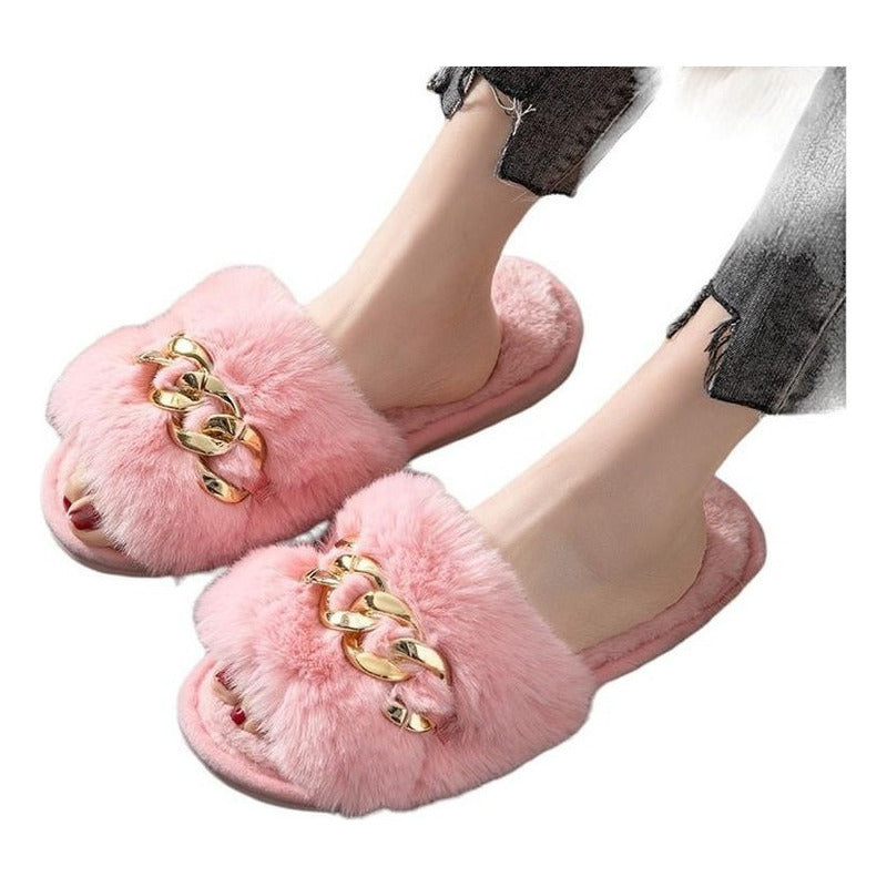 Pantuflas  Lazy Peludas Con Cadena Dorada Y Suela De Goma