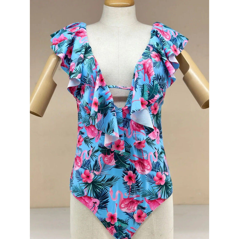 Enteriza Bikini Malla Con Volados Estampa Flamencos Celeste