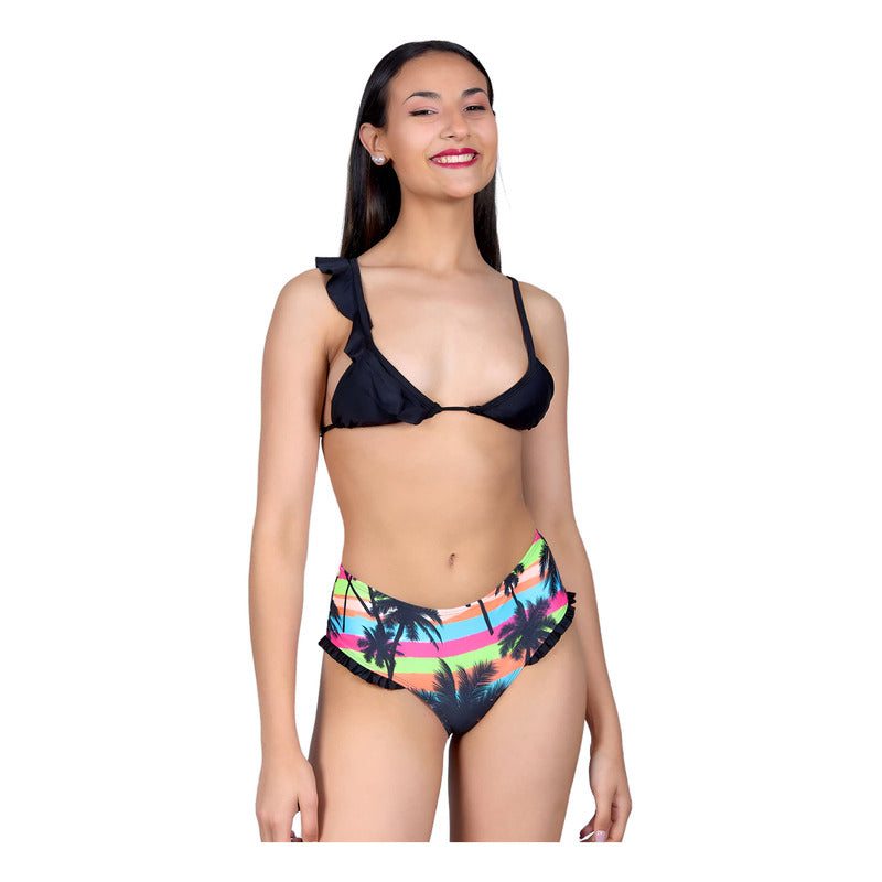 Bikini Estampado Palmeras Tiro Medio Con Volados Uniteduy