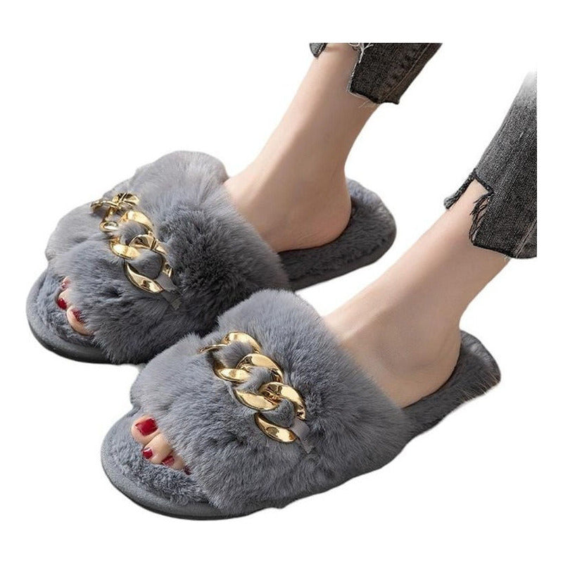 Pantuflas  Lazy Peludas Con Cadena Dorada Y Suela De Goma