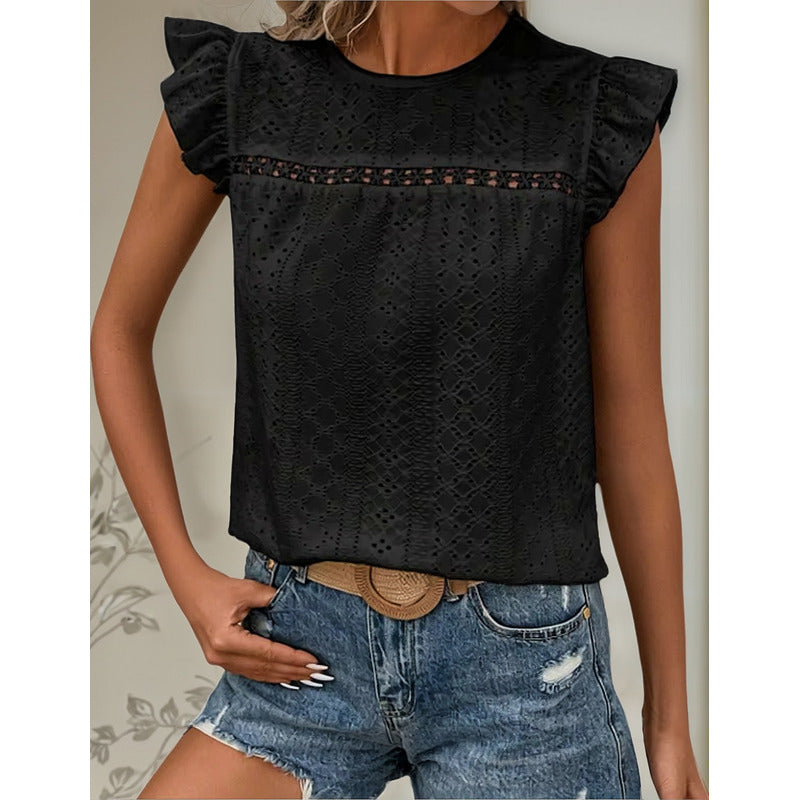 Blusa Remera Broderie Manga Corta Volados Varios Colores