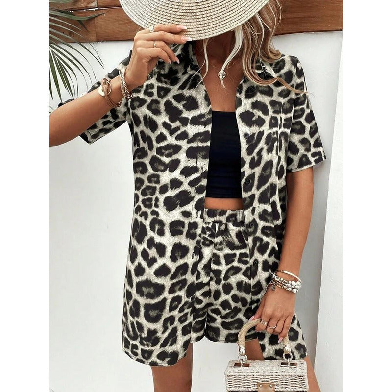 Conjunto Camisa Manga Corta Short Con Elástico Animal Print