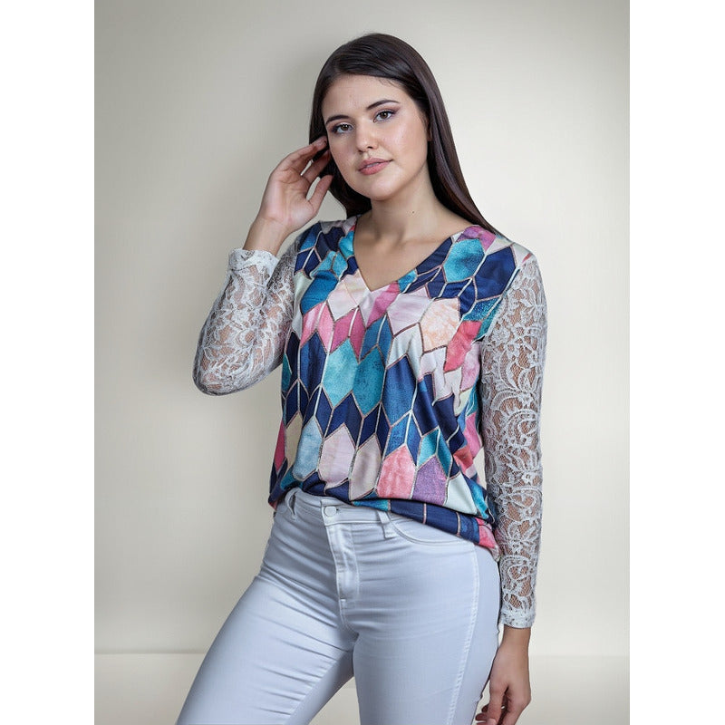 Blusa Dama Con Encaje Y Diseño En Rombos