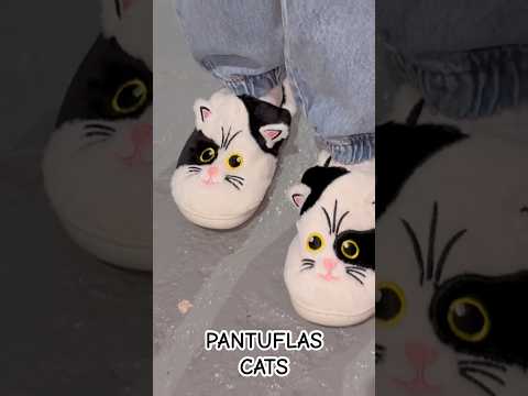 Pantufla Gato Sin Talón Peluda Negra Y Blanca Suela De Goma
